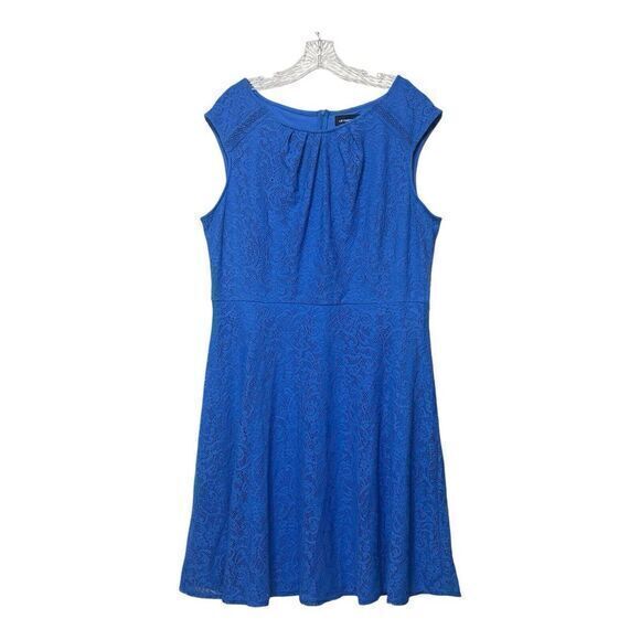 Liz Claiborne Blue Dress Size 16 Lace Overlay Fit Flare‎ Stretch Cap Sleeve - Picture 1 of 7